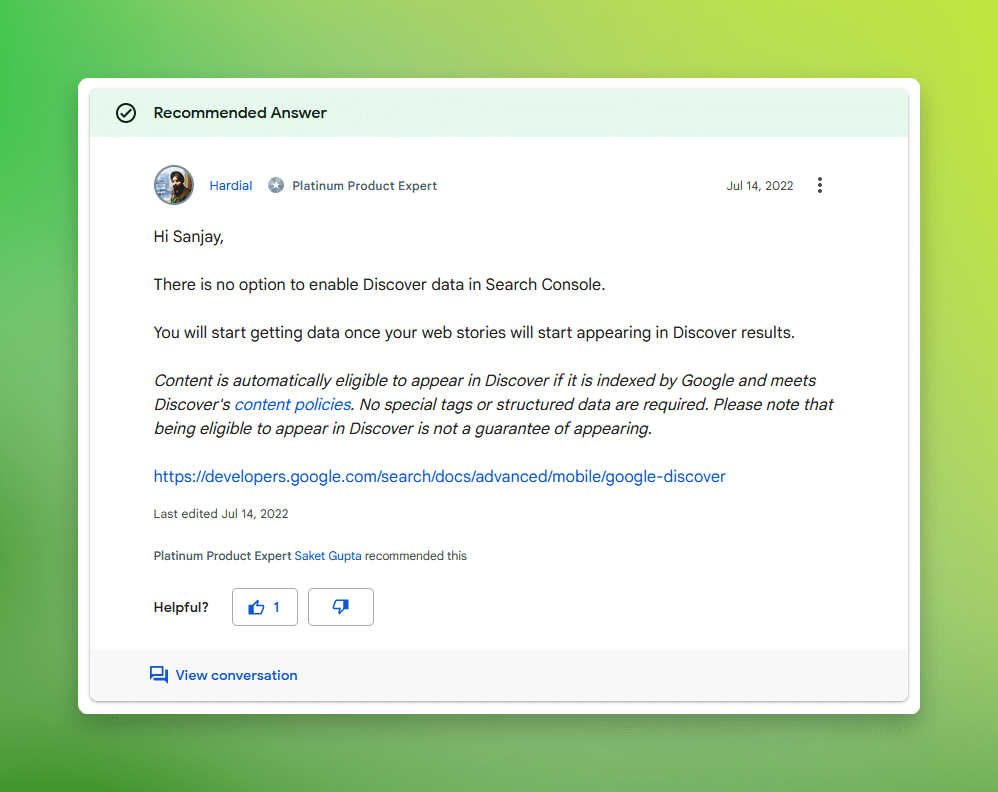 google support forum reply on enabling discover option